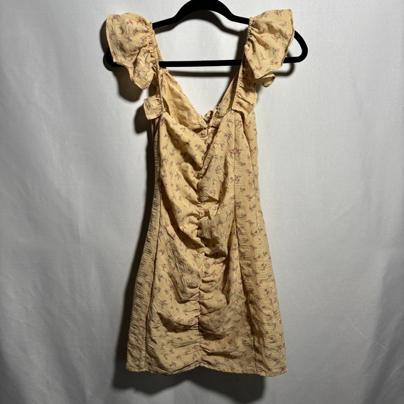 Cider Floral Mini Dress Ruffle Sleeve Tie Front Ruched Bodycon Yellow S Coquette - Picture 2 of 6